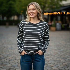 LOFT Outlet Womens Extra Small Gray Striped Round Neck Long Sleeve Shirt Top XS